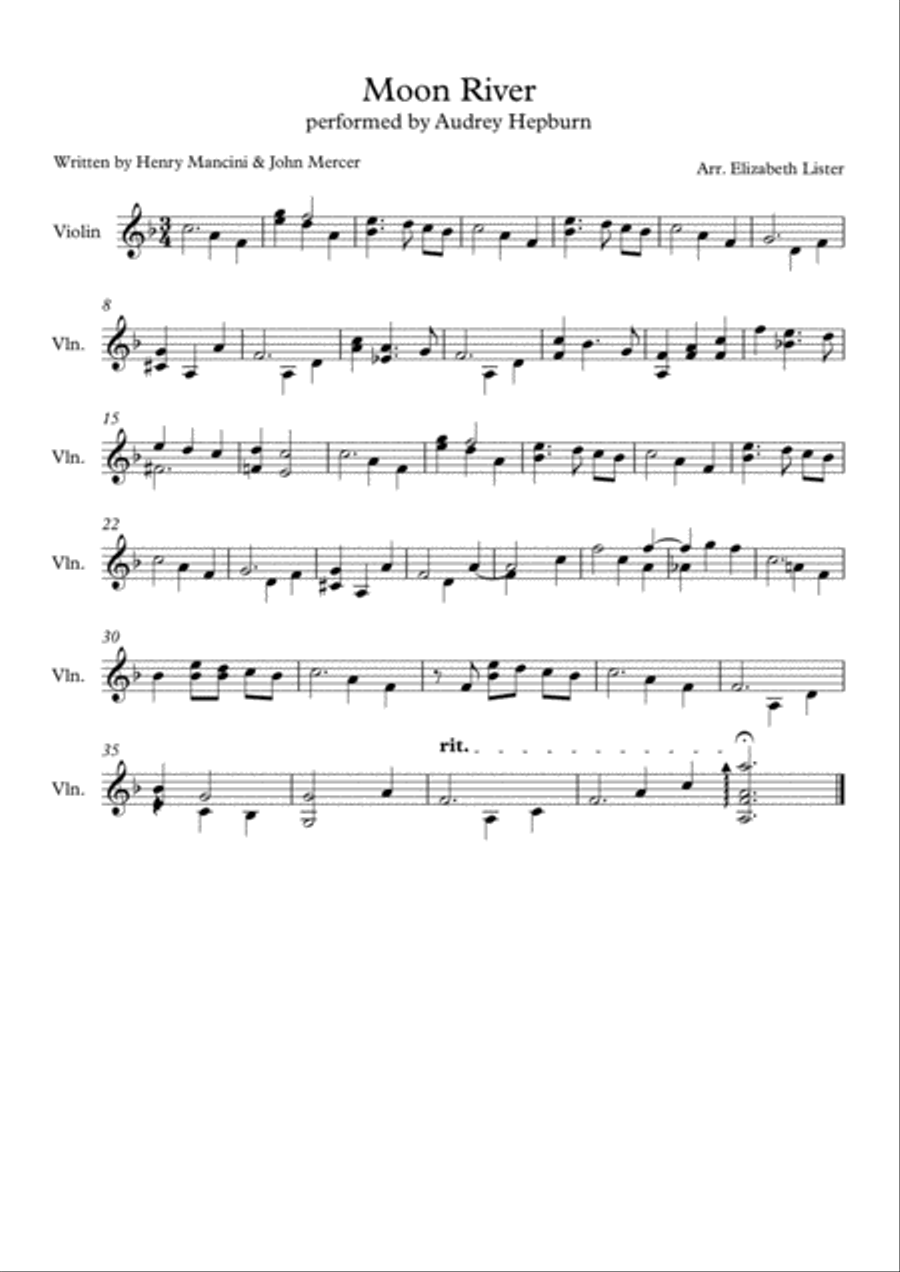 Moon River Violin Solo scores gallery preview page 1