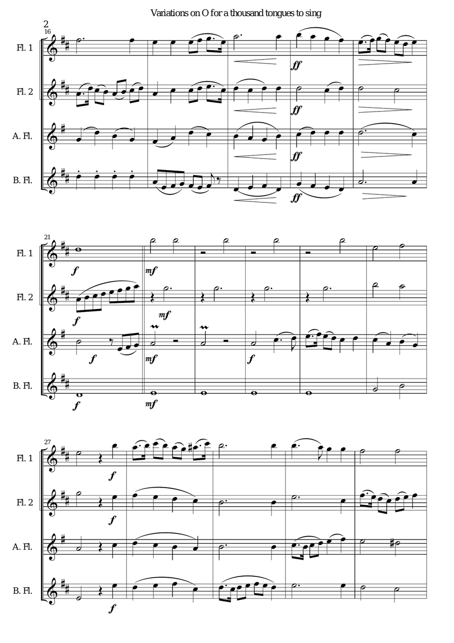 Variations on O for a thousand tongues to sing for Flute Quartet (2 flutes, alto and bass flutes) Flute Quartet scores gallery preview page 2