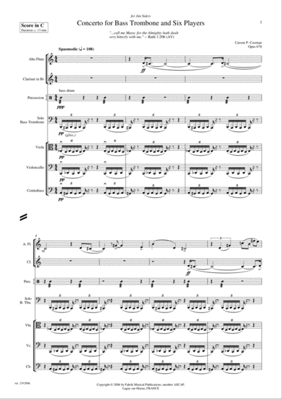 Carson Cooman: Concerto for Bass Trombone and Six Players (2006), score and parts Large Ensemble scores gallery preview page 3