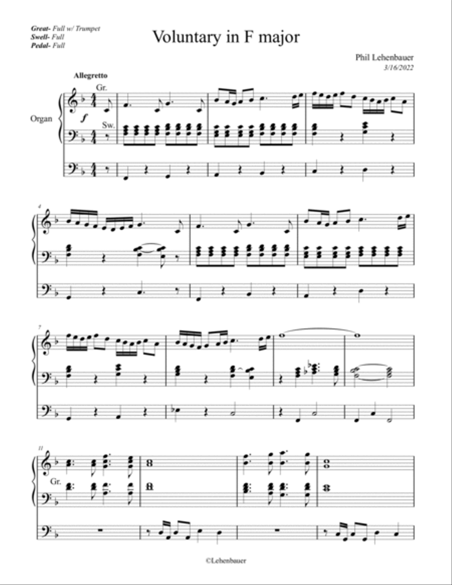 Voluntary in F major, organ work by Phil Lehenbauer Organ Solo scores gallery preview page 2