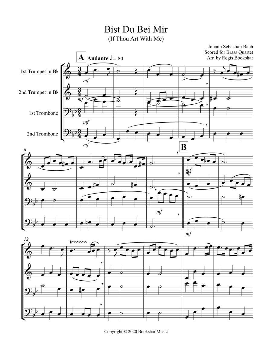 Bist Du Bei Mir (Brass Quartet - 2 Trumpets, 2 Trombones) Brass Ensemble scores gallery preview page 1