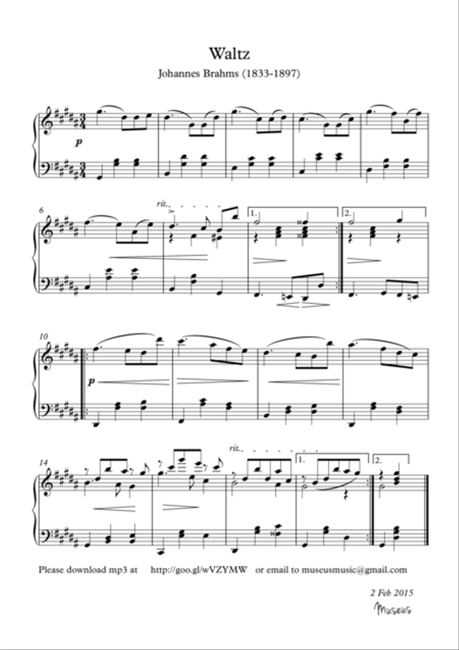 Piano Waltz opus 39 no 3 by Johannes Brahms Piano Solo scores gallery preview page 1