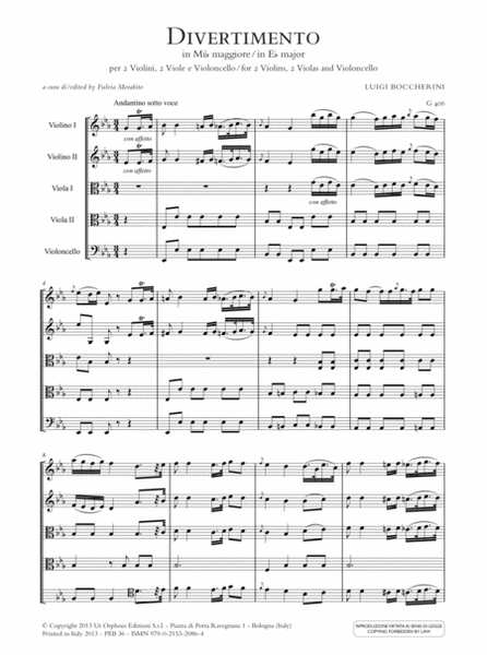 Divertimento in E flat major (G 406) for 2 Violins, 2 Violas and Violoncello