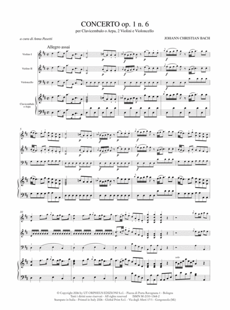 Concerto Op. 1 No. 6 for Harpsichord or Harp, 2 Violins and Violoncello