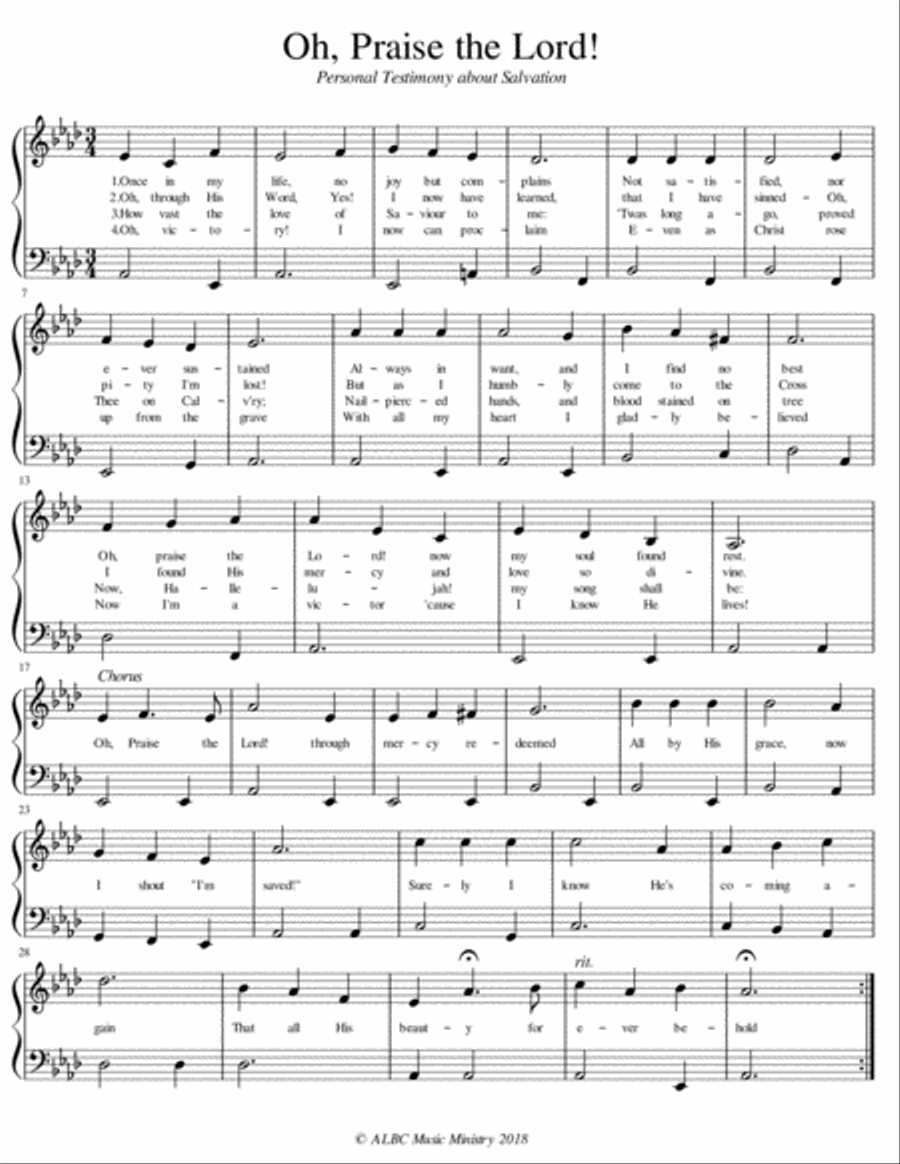 Oh, Praise the LORD! Through Mercy Redeemed Easy Piano scores gallery preview page 1
