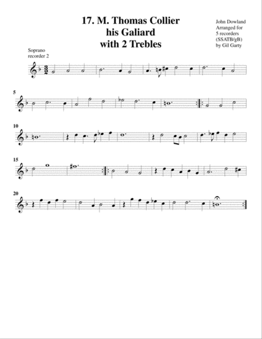 M. Thomas Collier his Galiard with 2 Trebles (17, 1604) (arrangement for 5 recorders) Recorder scores gallery preview page 4