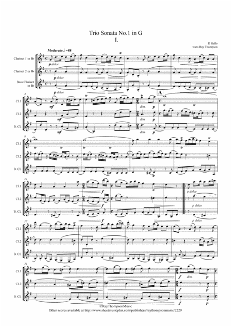 Gallo: Trio Sonata No.1 in G Mvt.I (Pulcinella Suite Mvt.1 Sinfonia) - clarinet trio Clarinet Trio scores gallery preview page 1
