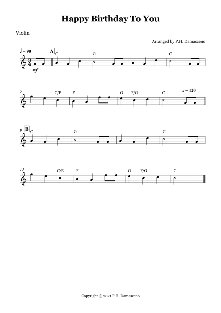 Happy Birthday To You - Violin Solo with Chords Violin Solo scores gallery preview page 1
