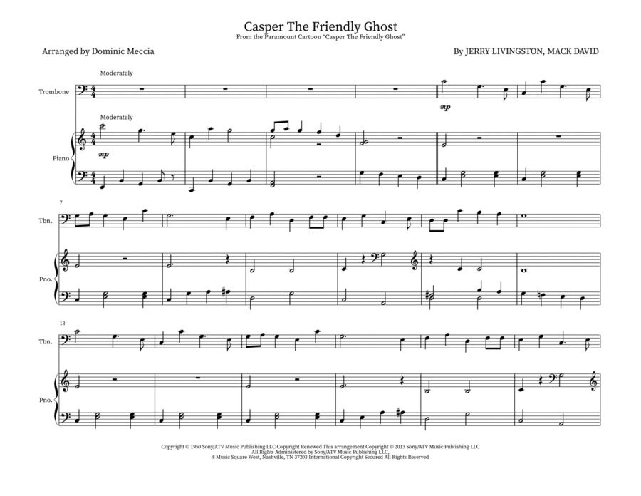 Casper The Friendly Ghost Trombone Duet scores gallery preview page 1