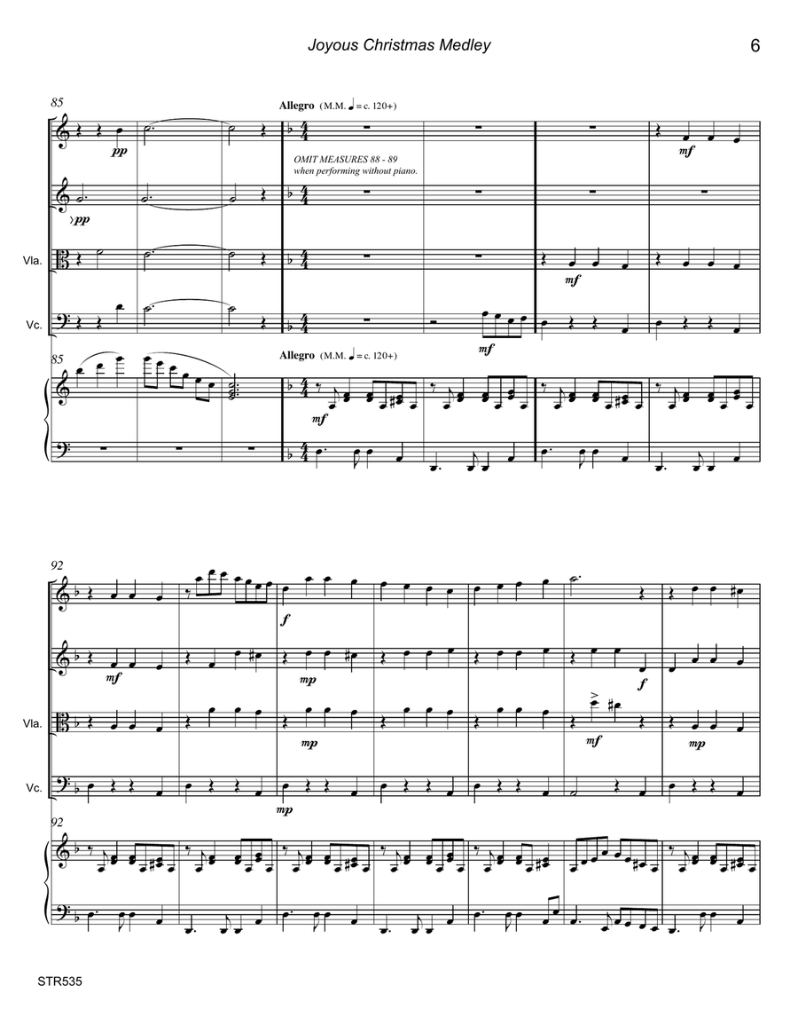 JOYOUS CHRISTMAS MEDLEY - STRING QUARTET with optional Piano (5 Carol Medley) Piano Quintet scores gallery preview page 6