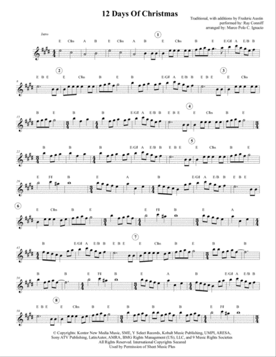 12 Days Of Christmas - Ray Conniff Piano scores gallery preview page 1
