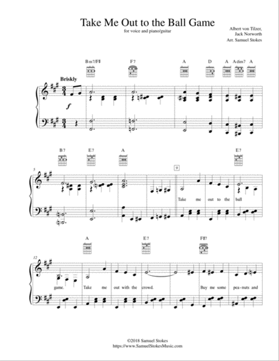 Take Me Out to the Ball Game - for piano/vocal with optional guitar (Key of A) Piano, Vocal, Guitar scores gallery preview page 1