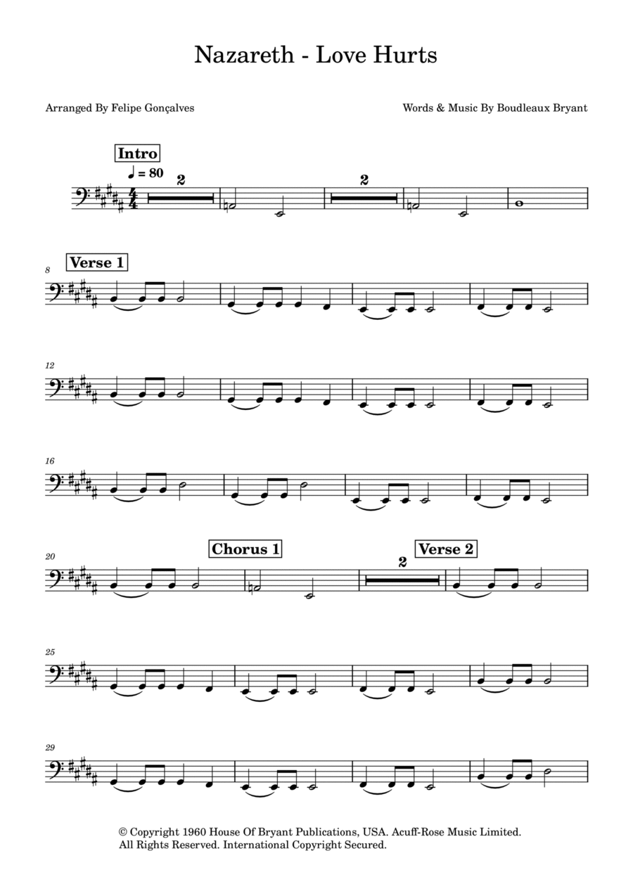Love Hurts Love Hurts Bass Guitar scores gallery preview page 1