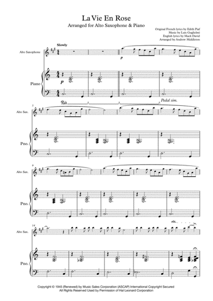 La Vie En Rose arranged for Alto Saxophone and Piano image number null