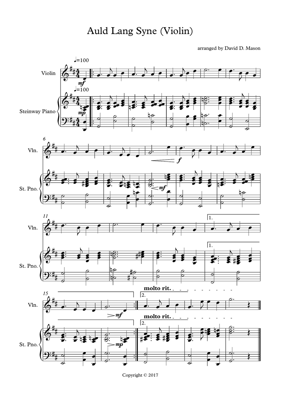 Auld Lang Syne Violin Solo scores gallery preview page 1