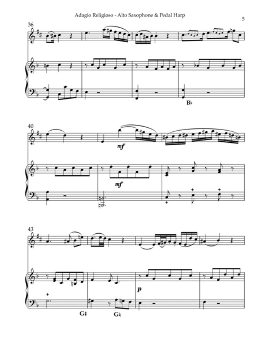 Adagio Religioso, K622, Duet for Eb Alto Saxophone & Pedal Harp Alto Saxophone scores gallery preview page 5