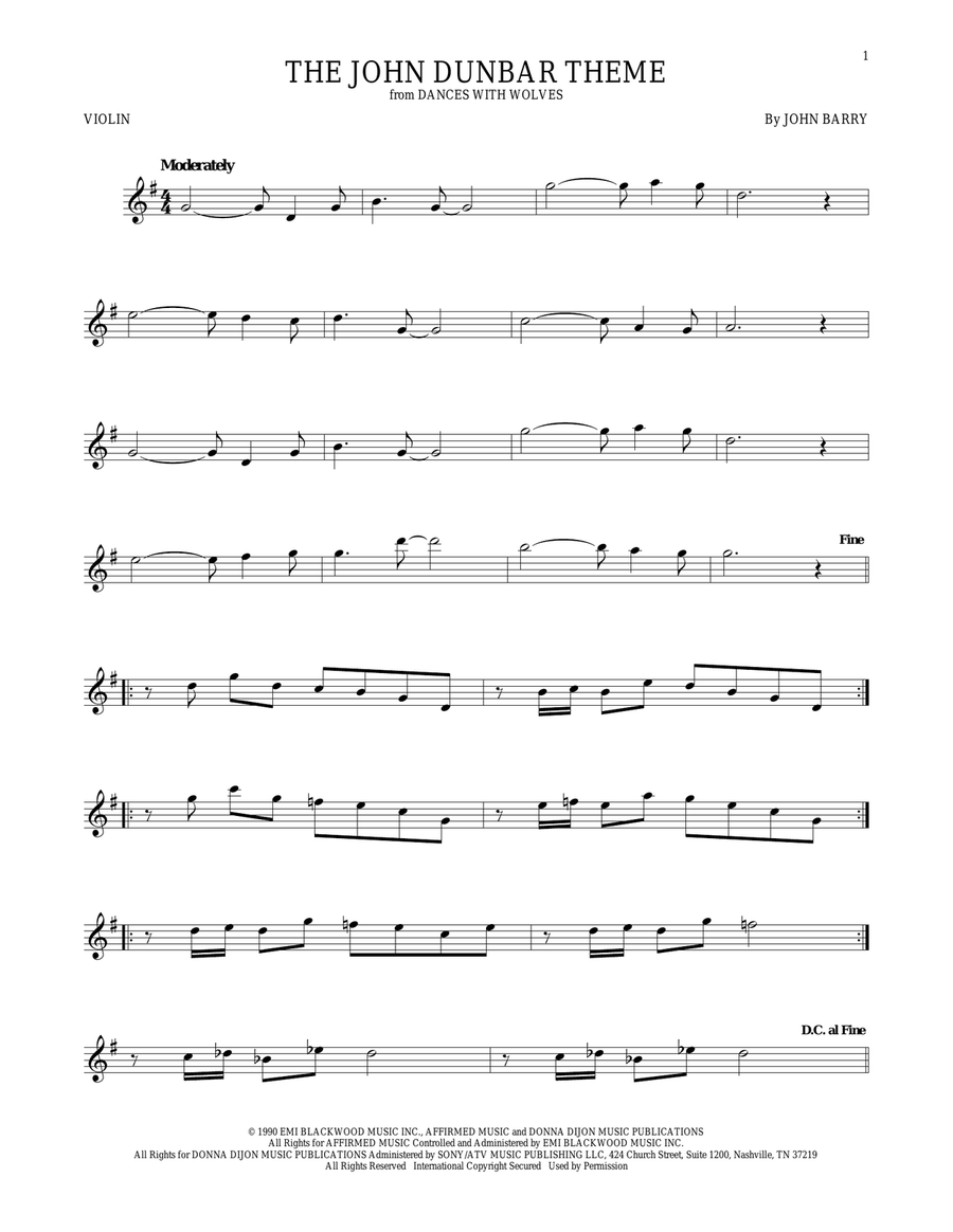 The John Dunbar Theme Violin Solo scores gallery preview page 1