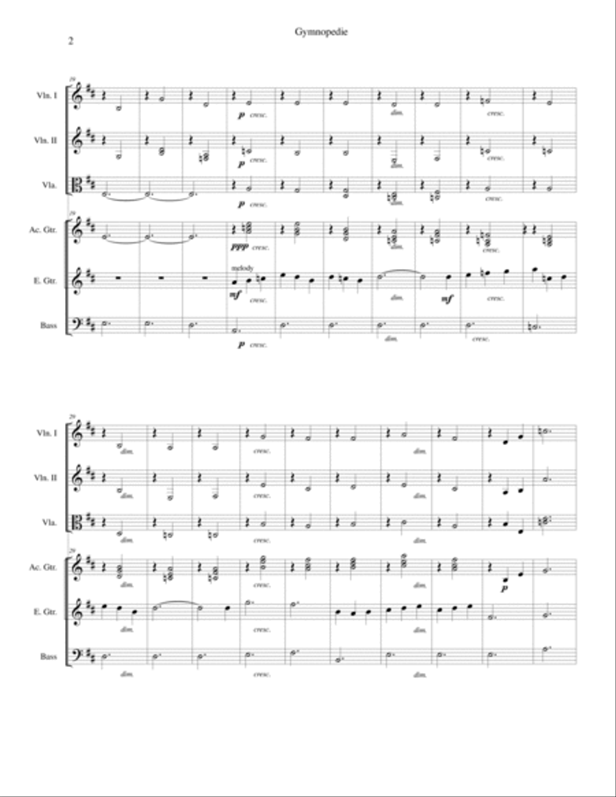 Gymnopedie No. 1: arranged for violins, viola, acoustic guitar, electric guitar and bass guitar Small Ensemble scores gallery preview page 3