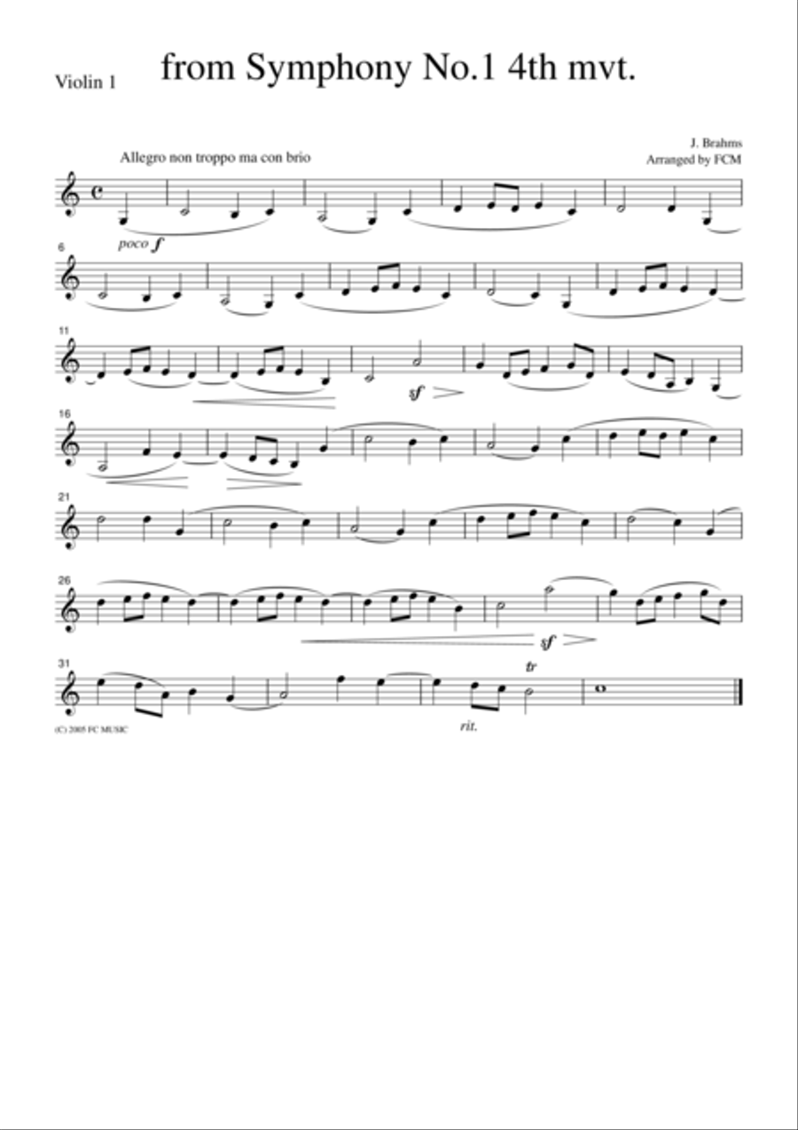Brahms from Symphony No.1, 4th mvt., for string quartet, CB305 String Quartet scores gallery preview page 1