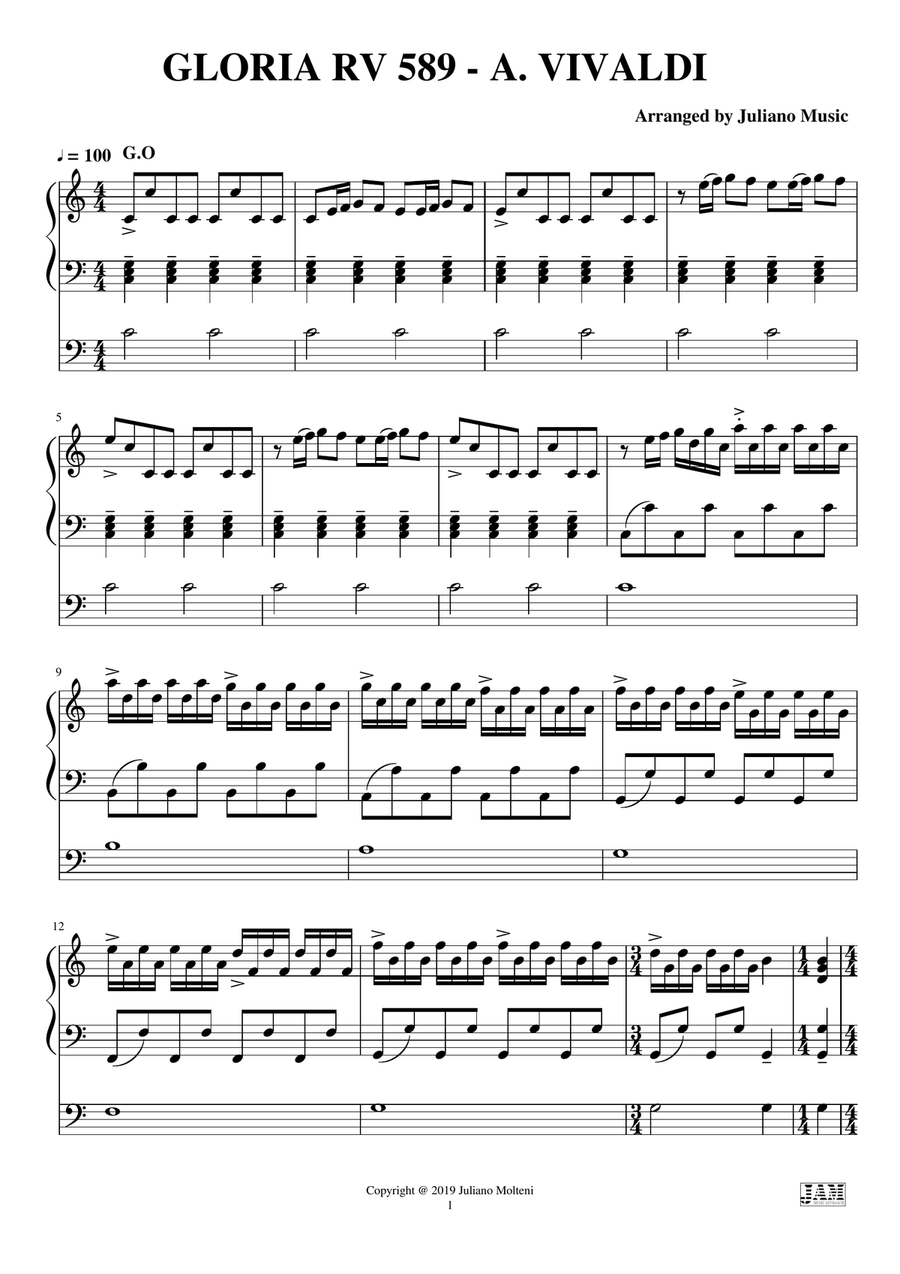 GLORIA RV.589 (EASY ORGAN - C VERSION) - A. VIVALDI Organ Solo scores gallery preview page 3