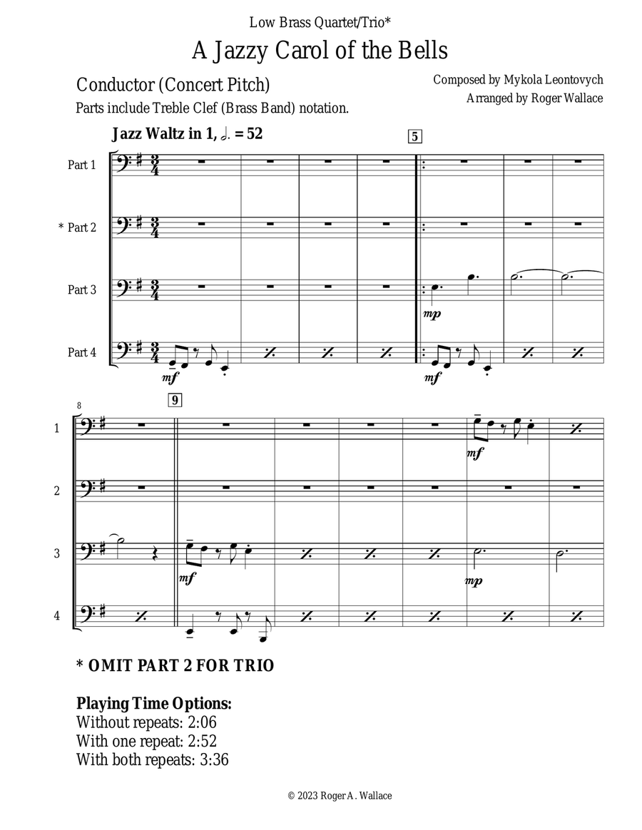 Carol of the Bells (Jazz Waltz for Trombone Quartet) Brass Quartet scores gallery preview page 2