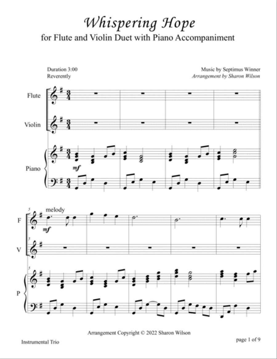 Whispering Hope (for Flute and Violin Duet with Piano Accompaniment) Flute scores gallery preview page 4