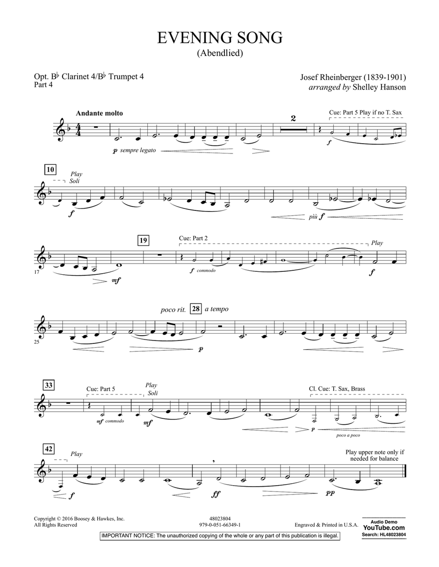 Evening Song (Abendlied) - Pt.4 - Clar. 4/Trumpet 4 Concert Band scores gallery preview page 1
