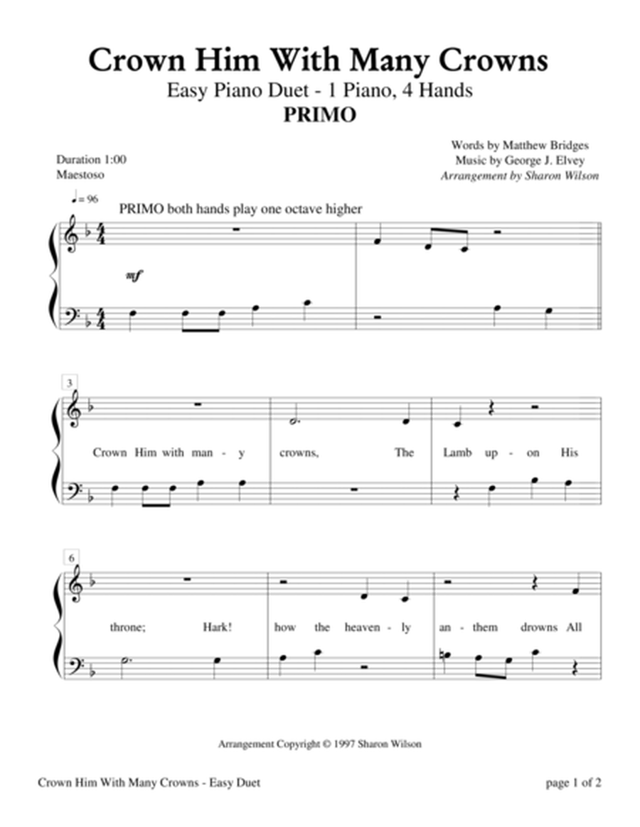 Crown Him With Many Crowns (Easy Piano Duet for 1 Piano, 4 Hands) 