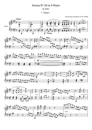 Book cover for Schubert - Piano Sonata No.20 in A major, D.959 - 4 Movements Complete - Original For Piano Solo