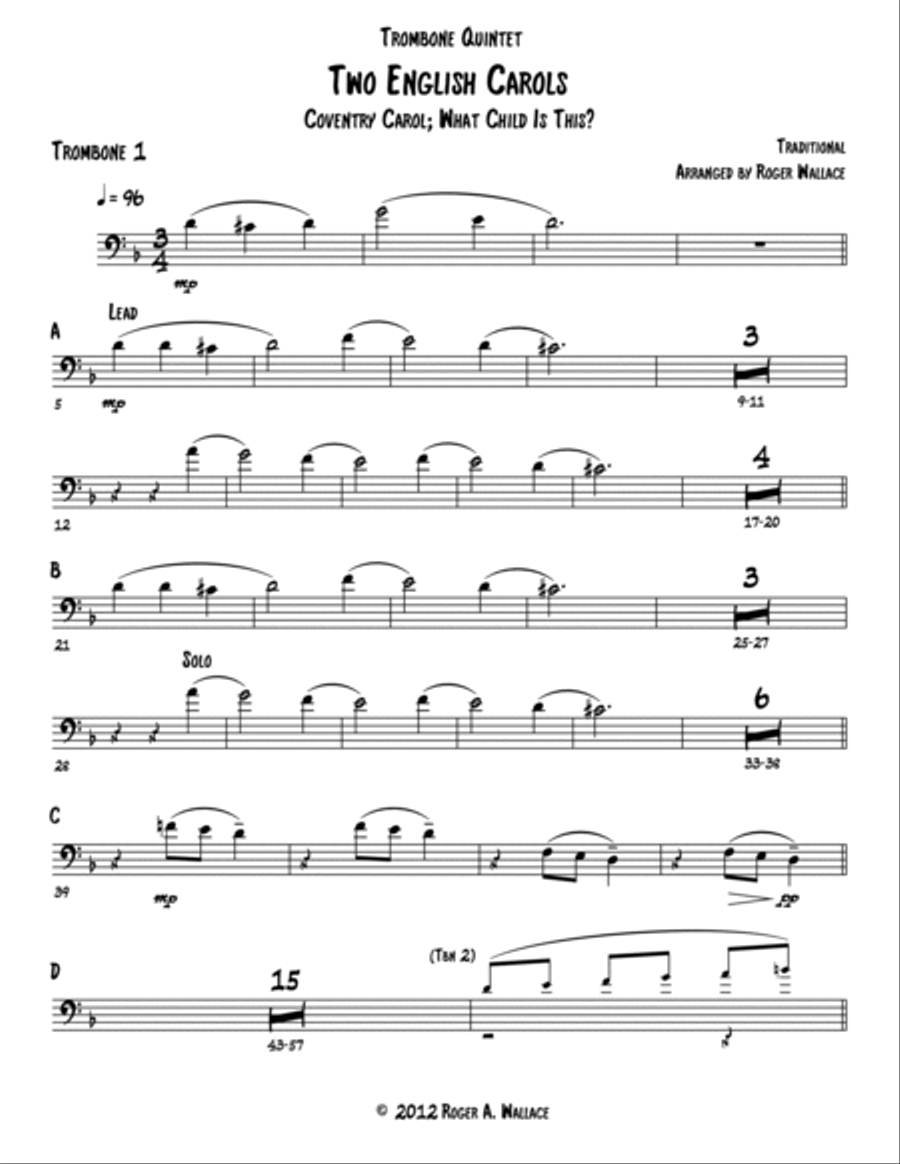 Two English Carols (Coventry Carol; What Child Is This?) - Trombone Quintet or Choir Choir scores gallery preview page 4