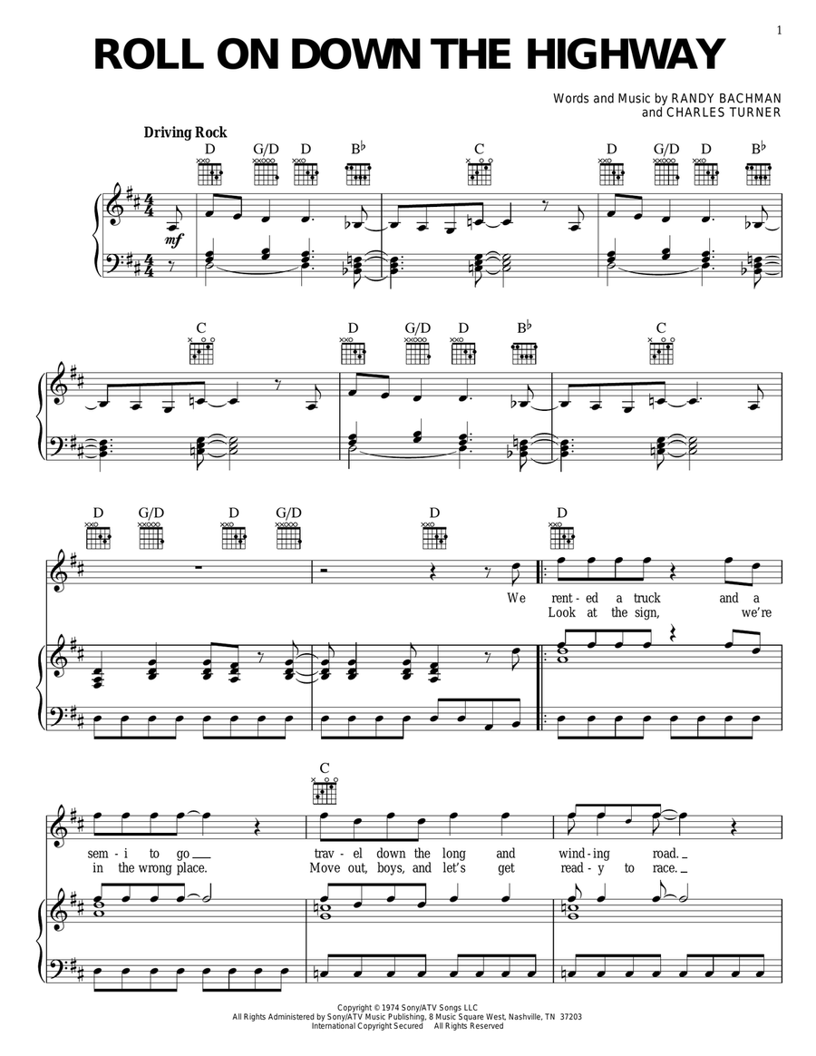 Roll On Down The Highway Piano, Vocal, Guitar scores gallery preview page 1