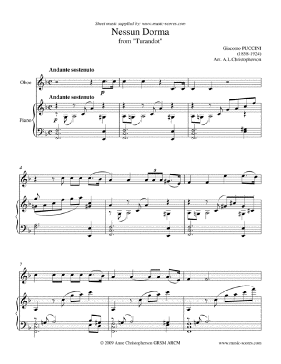Nessun Dorma - Oboe and Piano Piano scores gallery preview page 1