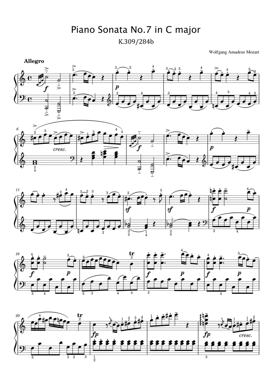 Mozart - Piano Sonata No.7 in C major, K.309/284b - 1st Mov Original With Fingered - For Piano Solo image number null