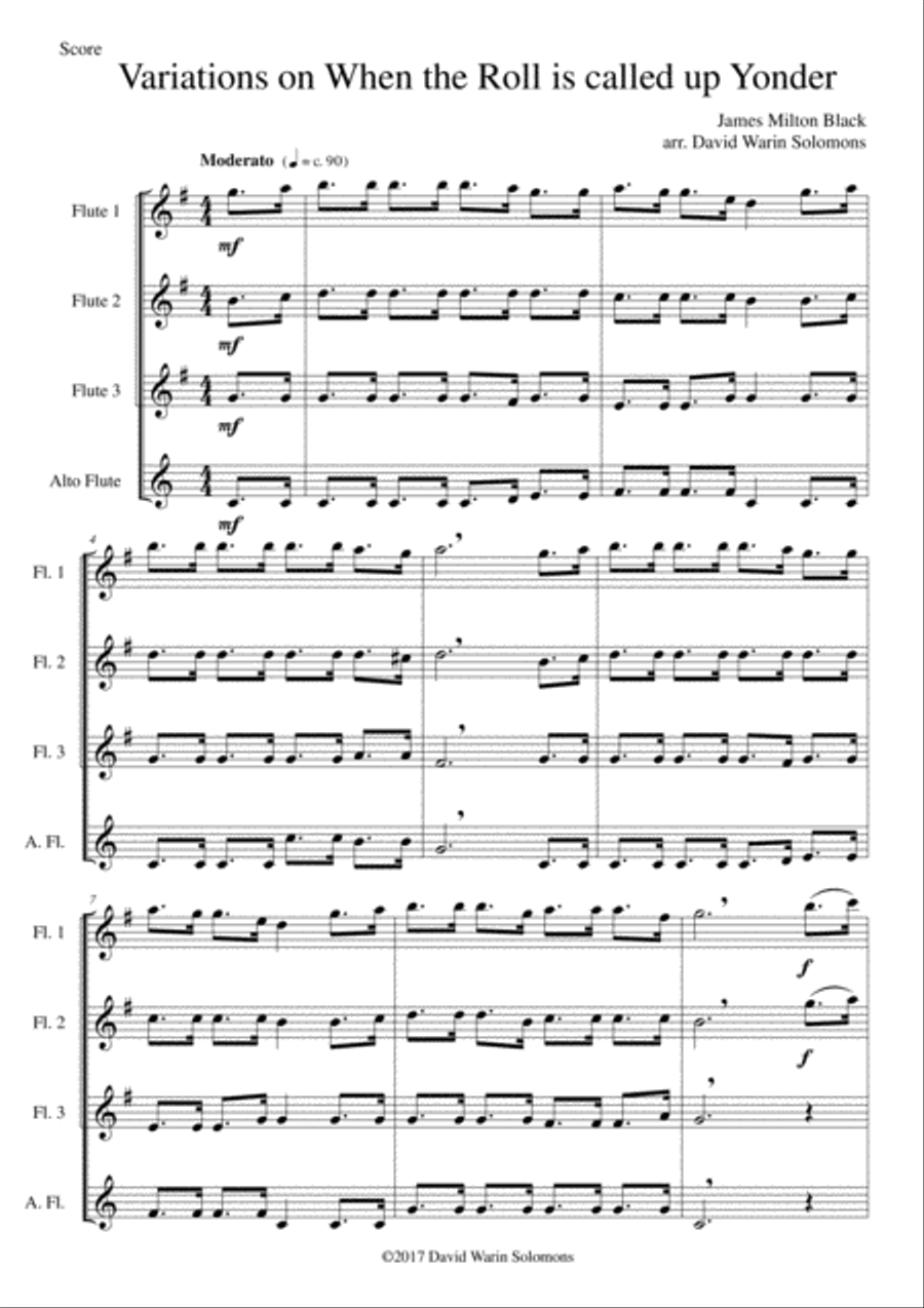 Variations on When the Roll Is Called Up Yonder for flute quartet (3 flutes and 1 alto flute) Flute Quartet scores gallery preview page 1