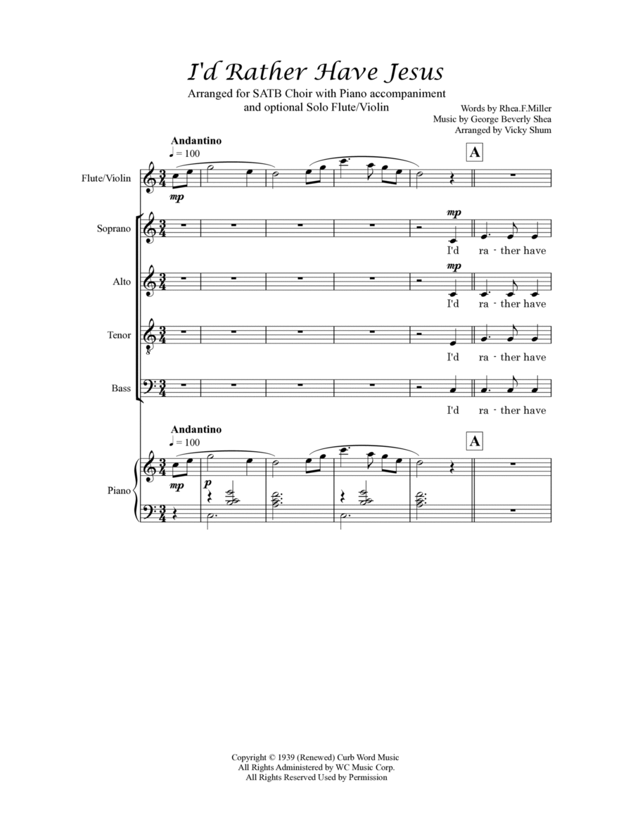 I'd Rather Have Jesus I'd Rather Have Jesus 4-Part scores gallery preview page 1