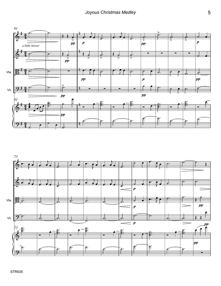 JOYOUS CHRISTMAS MEDLEY - STRING QUARTET with optional Piano (5 Carol Medley) Piano Quintet scores gallery preview page 5