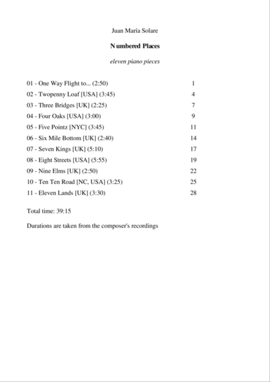 Numbered Places [11 pieces for piano solo]