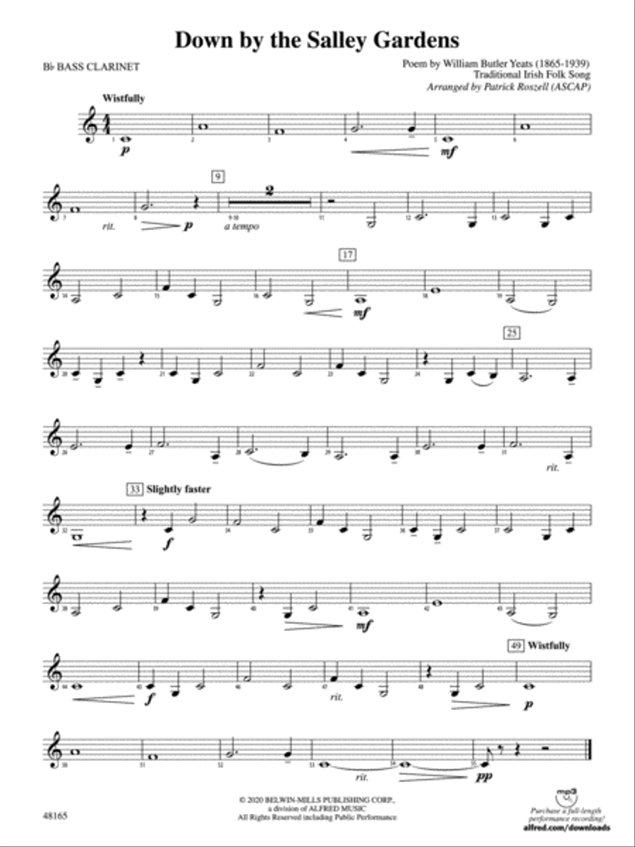 Down by the Salley Gardens: B-flat Bass Clarinet Concert Band scores gallery preview page 1