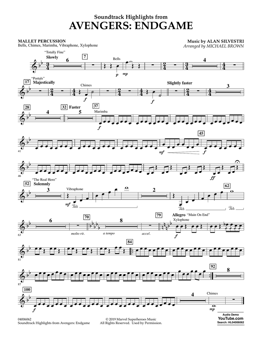 Soundtrack Highlights from Avengers: Endgame (arr. Michael Brown) - Mallet Percussion Concert Band scores gallery preview page 1
