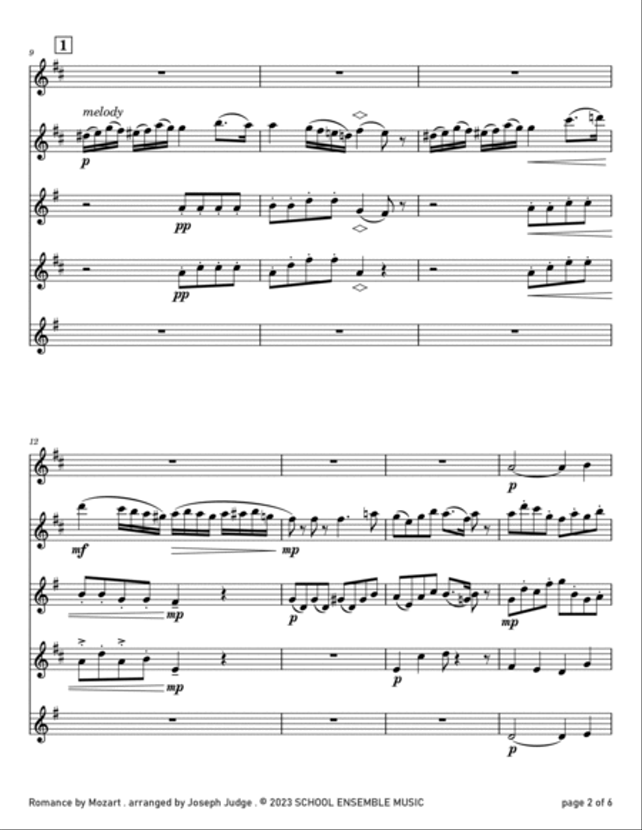 Romance by Mozart for Saxophone Quartet in Schools Saxophone Quartet scores gallery preview page 2