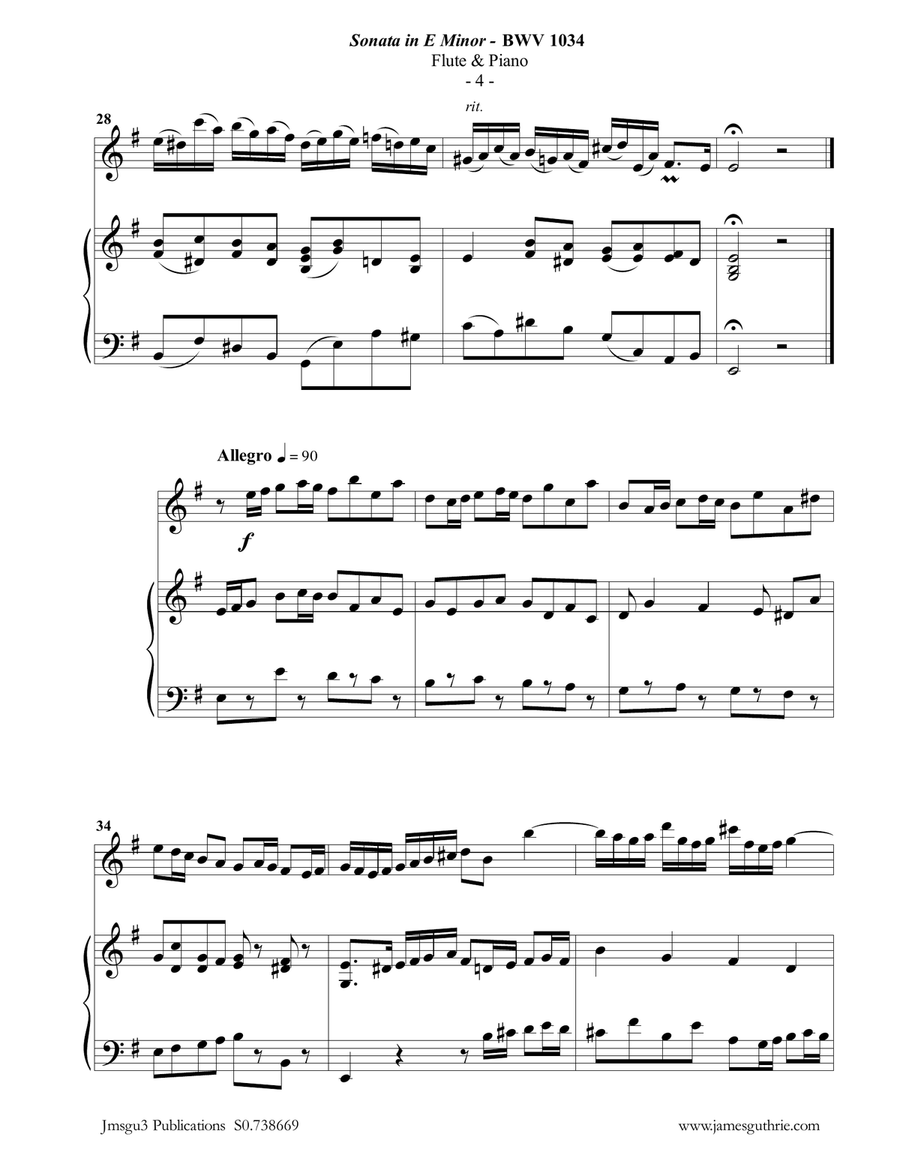 BACH: Sonata in E Minor BWV 1034 for Flute & Piano Flute Solo scores gallery preview page 4