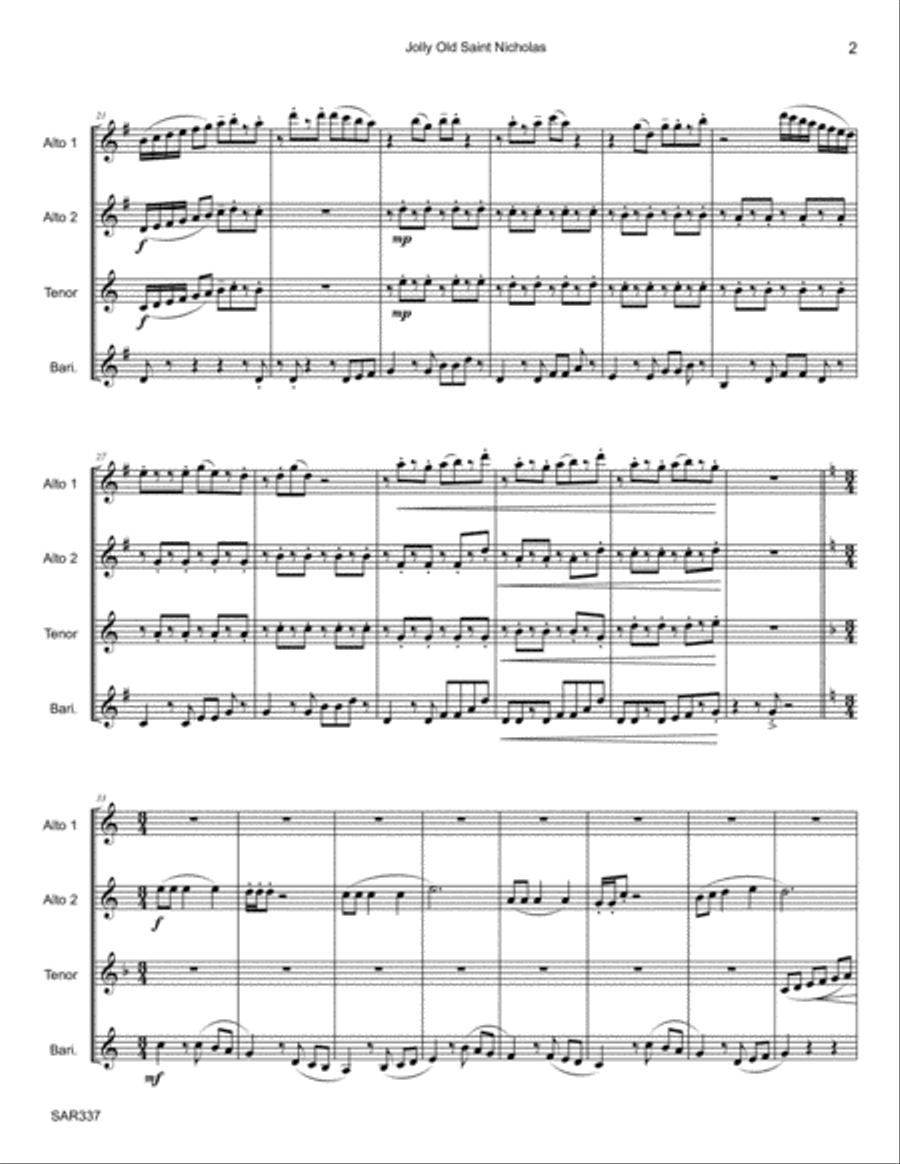 JOLLY OLD SAINT NICHOLAS for unaccompanied SAXOPHONE QUARTET (SATB or AATB) Saxophone Quartet scores gallery preview page 2