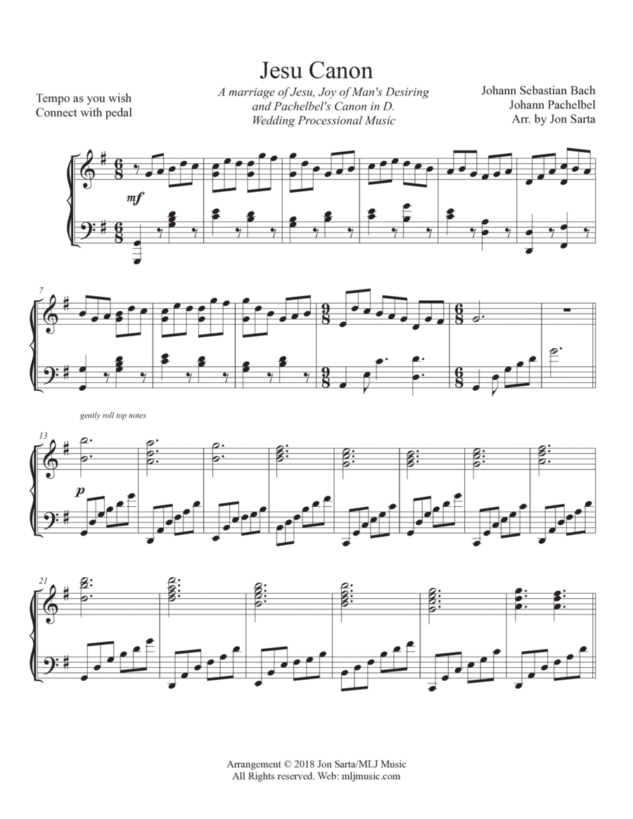 Jesu Canon - A marriage of Jesu, Joy of Man's Desiring and Pachelbel's Canon in D. Wedding Processio Piano Solo scores gallery preview page 1