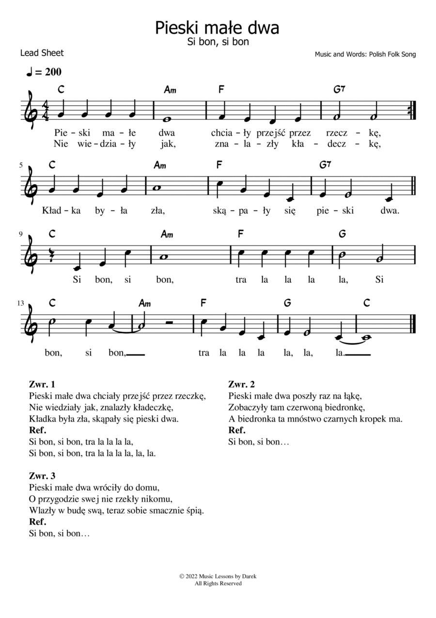 Pieski małe dwa (Si bon, si bon), Polish Folk Song | Polish Version of Two Little Dogs [LEAD SHEET] Piano scores gallery preview page 1
