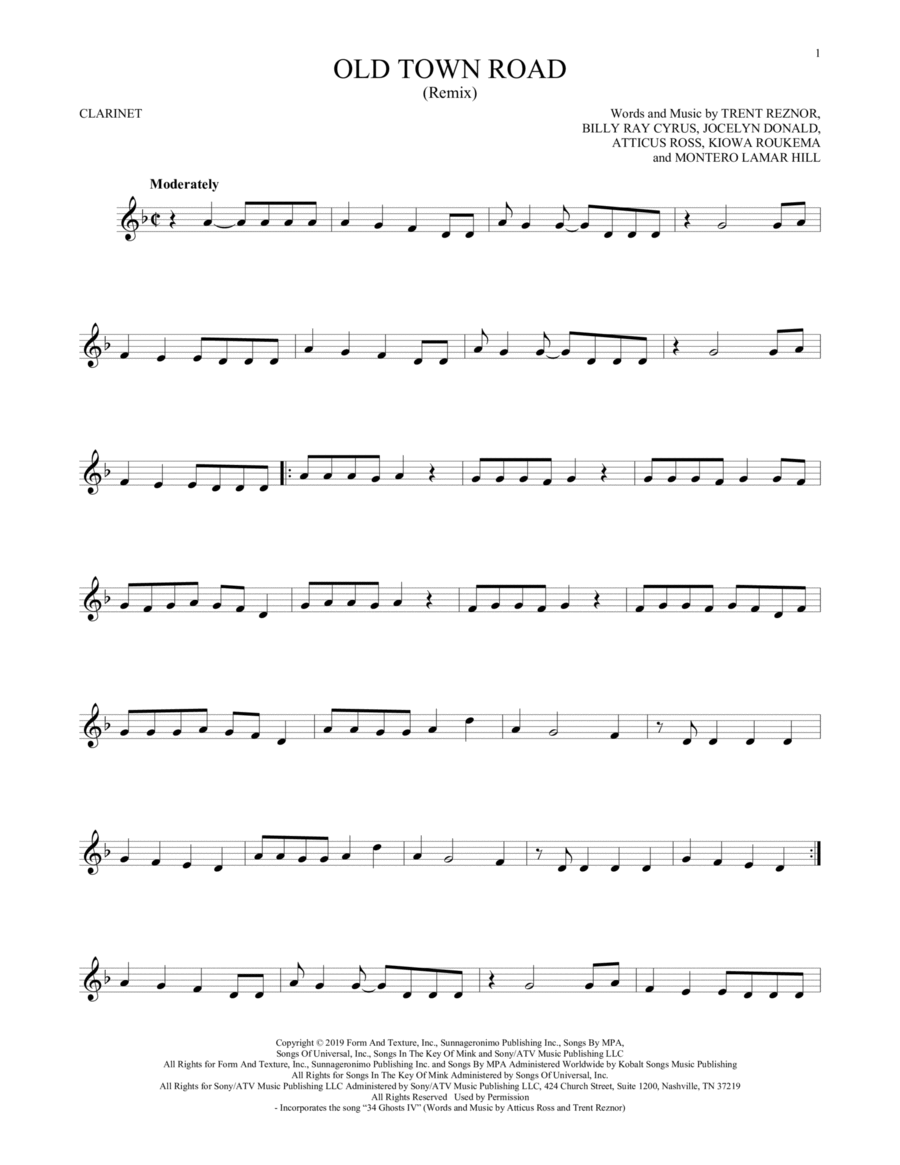 Old Town Road (Remix) Clarinet Solo scores gallery preview page 1