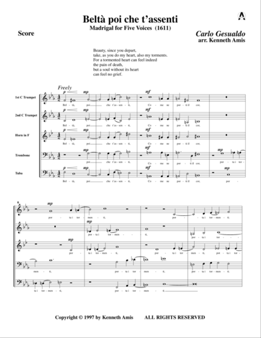 Beltà poi che t’assenti (for brass quintet) Brass Quintet scores gallery preview page 3
