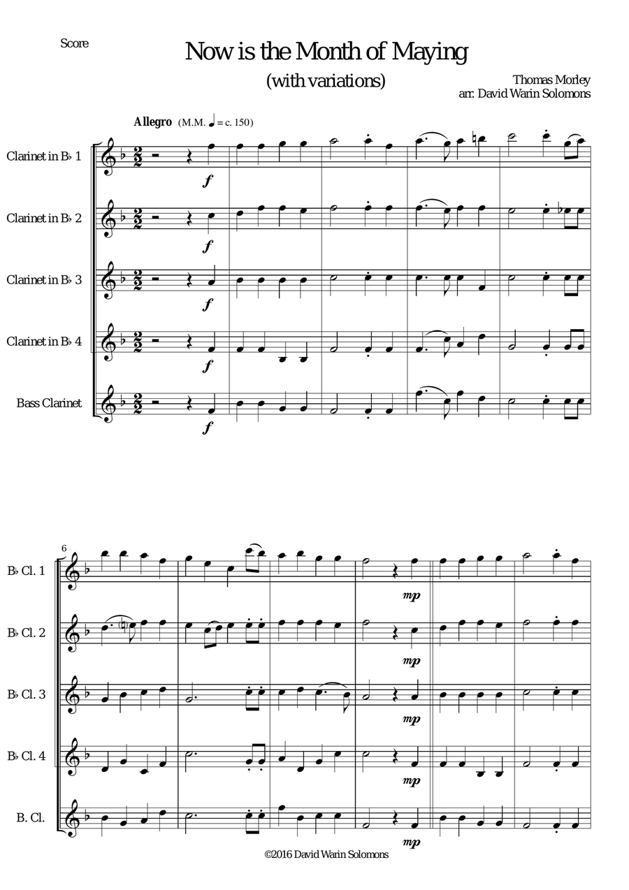 Now is the Month of Maying with variations for clarinet quintet (4 B flats, 1 Bass) Clarinet Quintet scores gallery preview page 1