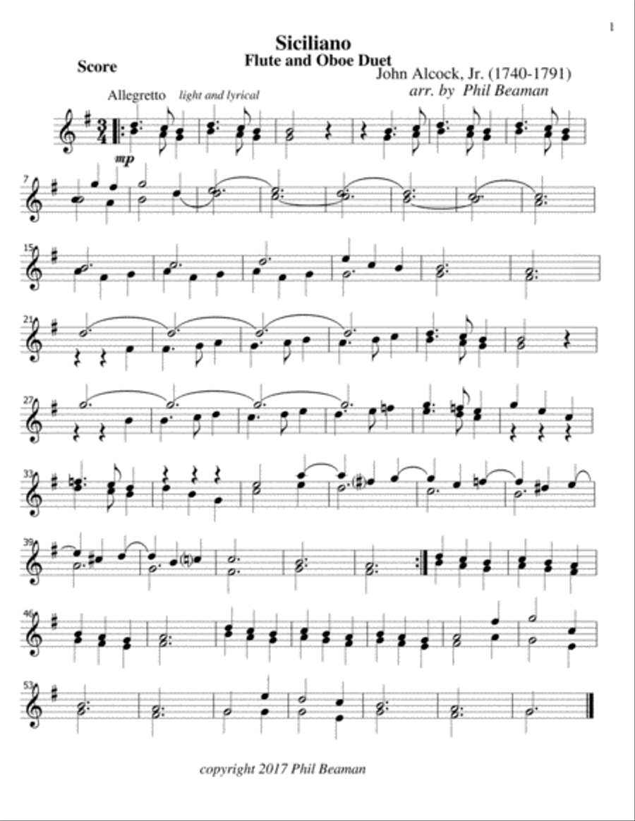 Siciliano - Flute and Oboe Duet Woodwind Duet scores gallery preview page 1