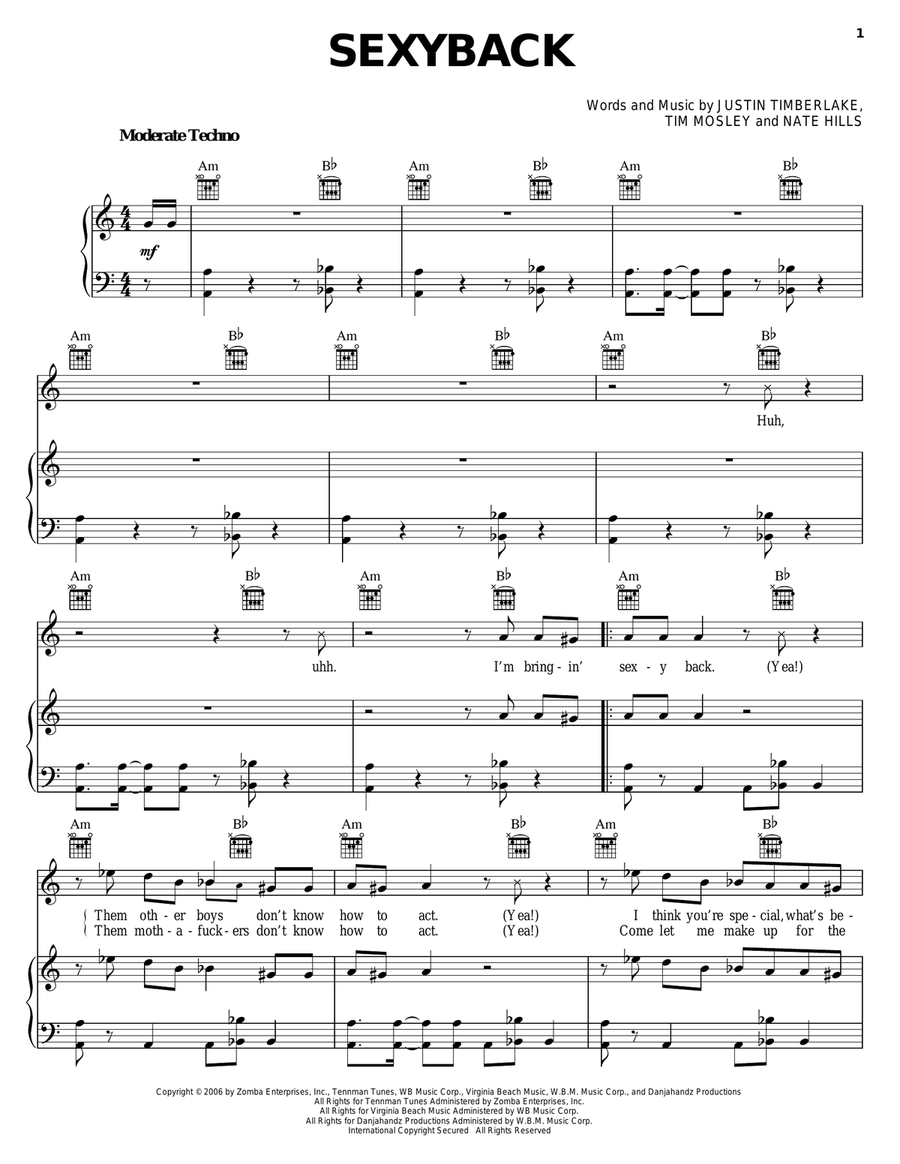 SexyBack Piano, Vocal, Guitar scores gallery preview page 1