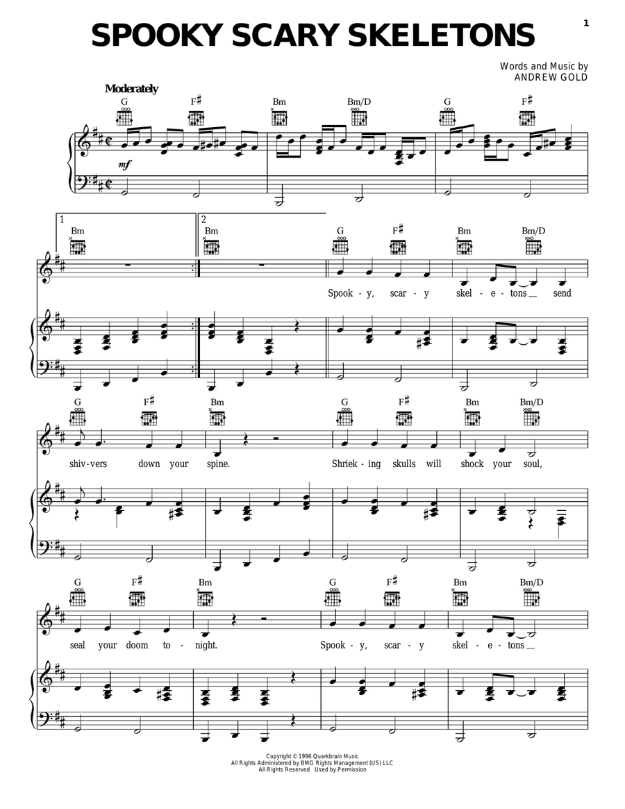 Spooky Scary Skeletons Piano, Vocal, Guitar scores gallery preview page 1